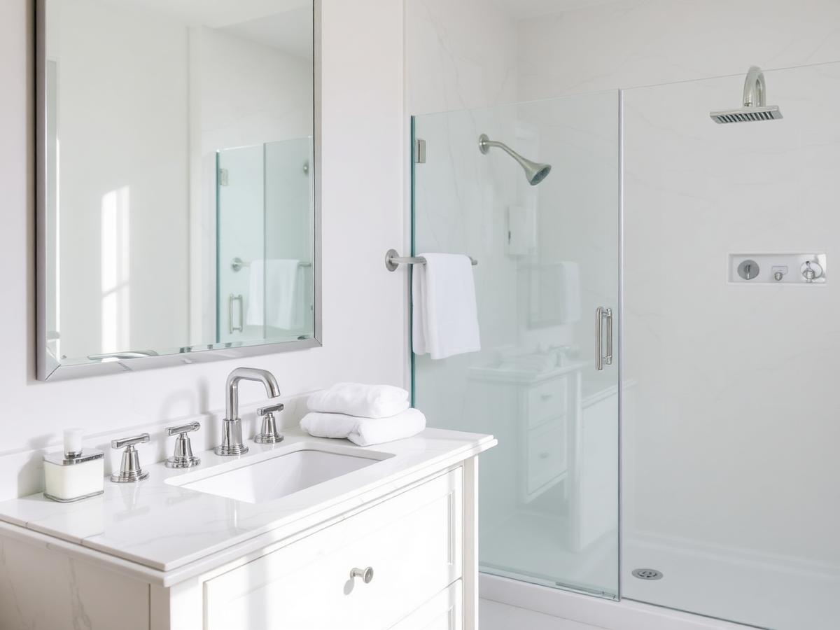 The same bathroom immaculate with folded white towels and streak-free glass