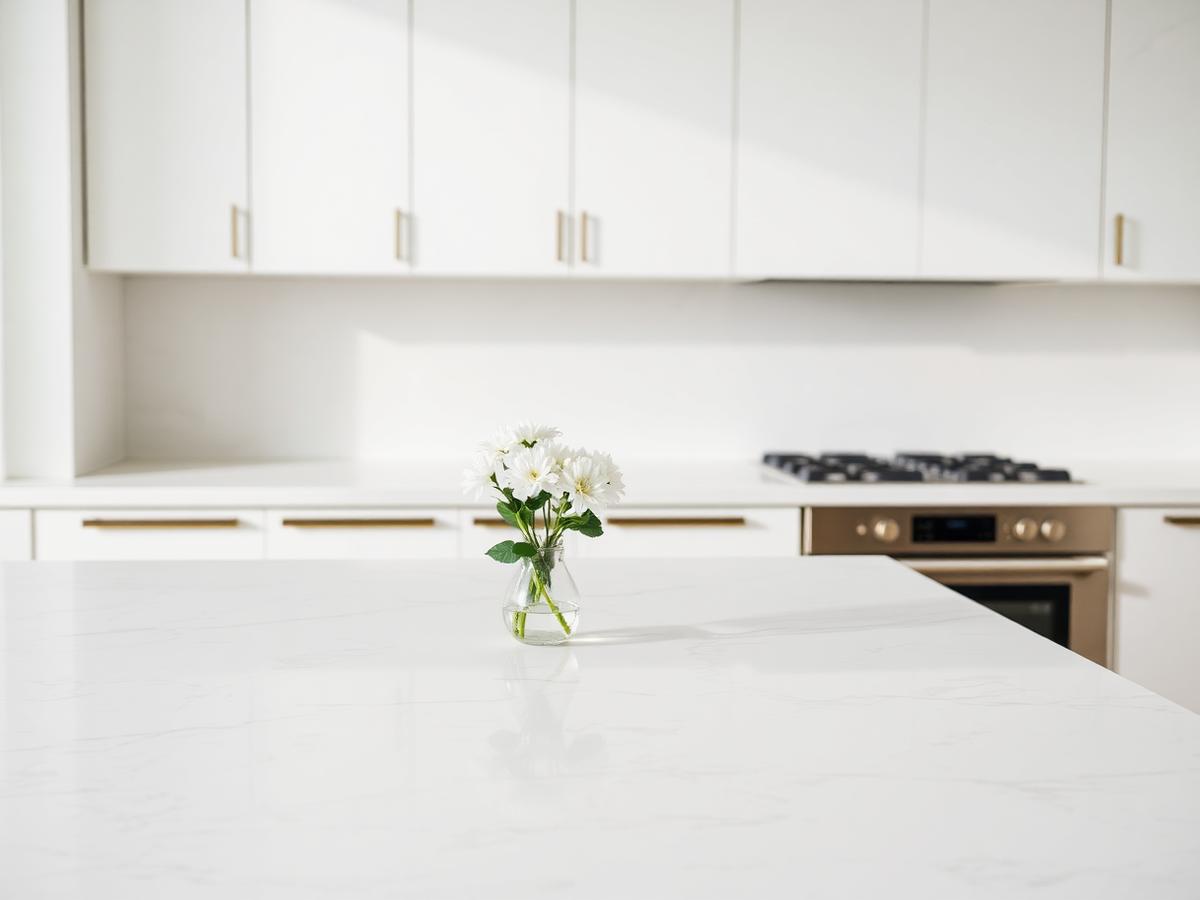 The same kitchen countertop clear, polished and spotless after cleaning