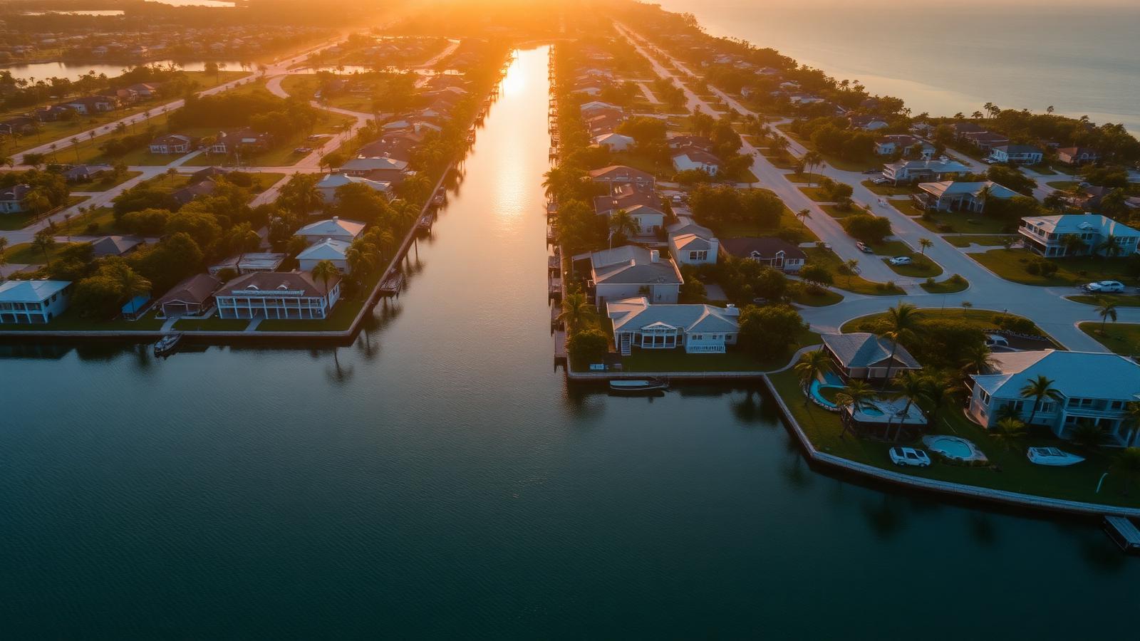 Aerial view of waterways and homes along the Southwest Florida coast
