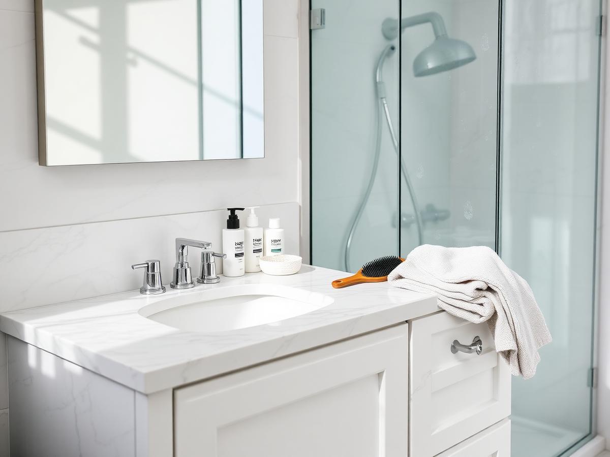 Bathroom vanity with everyday toiletries and used towels before cleaning