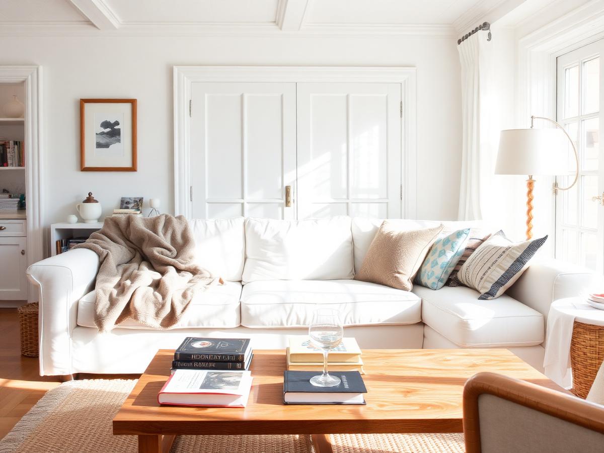 Living room in everyday use with a rumpled throw and books on the table