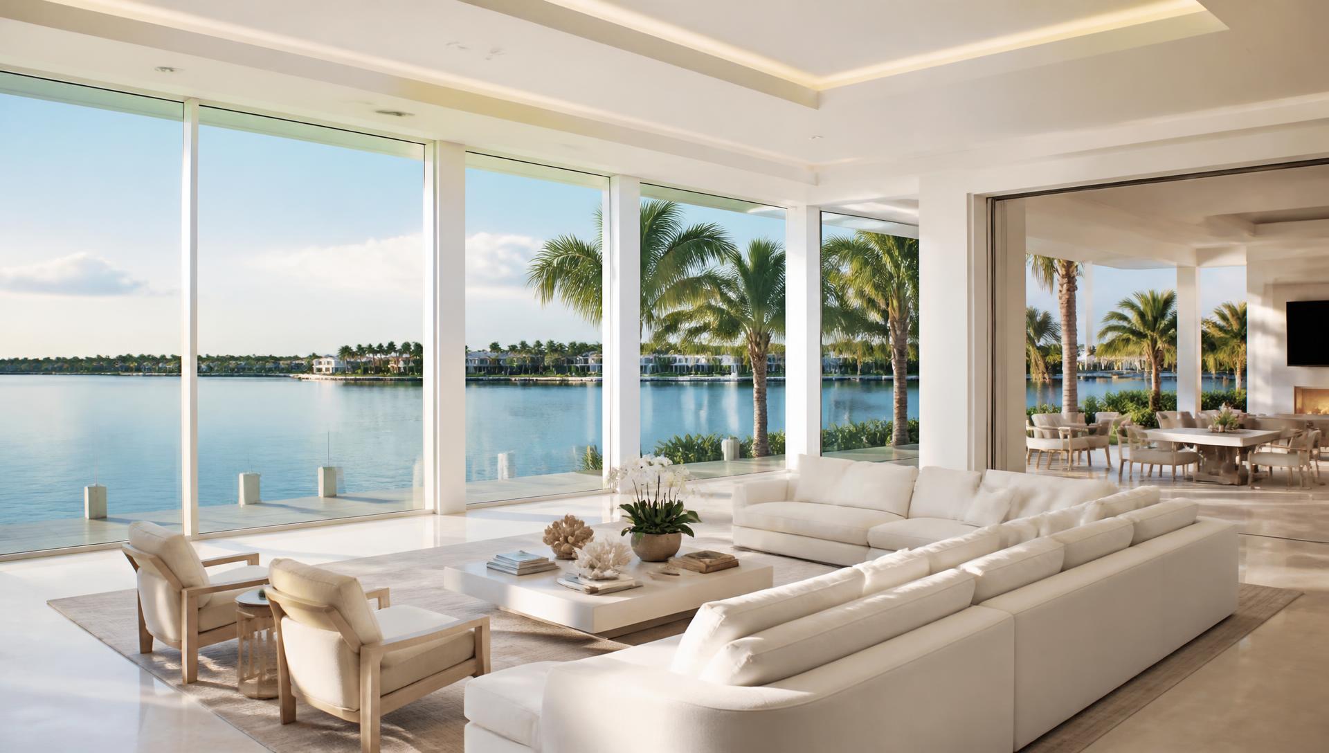 Wide view of a pristine coastal Florida living room overlooking calm water