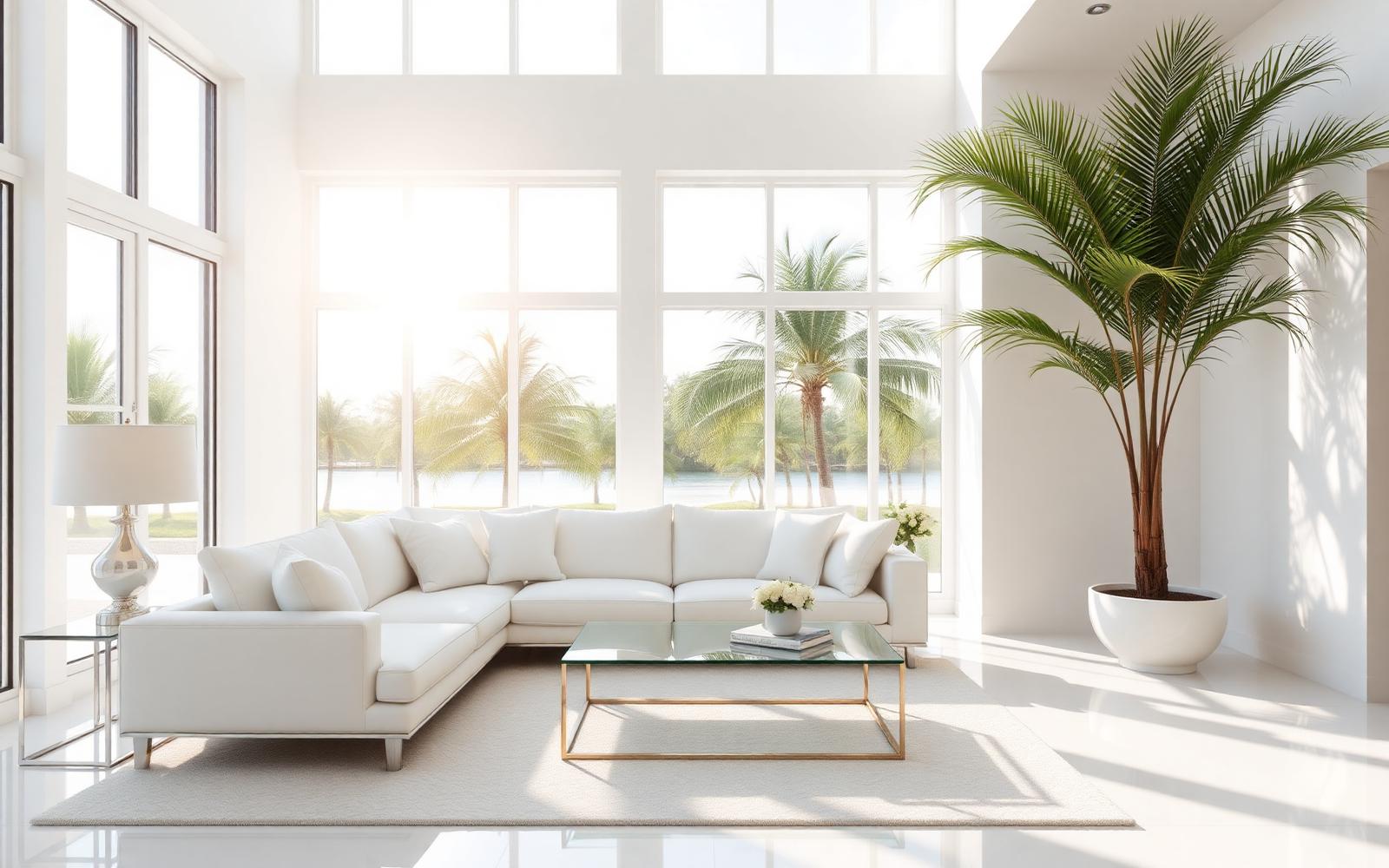 Pristine bright Florida living room with white seating and sunlight through tall windows