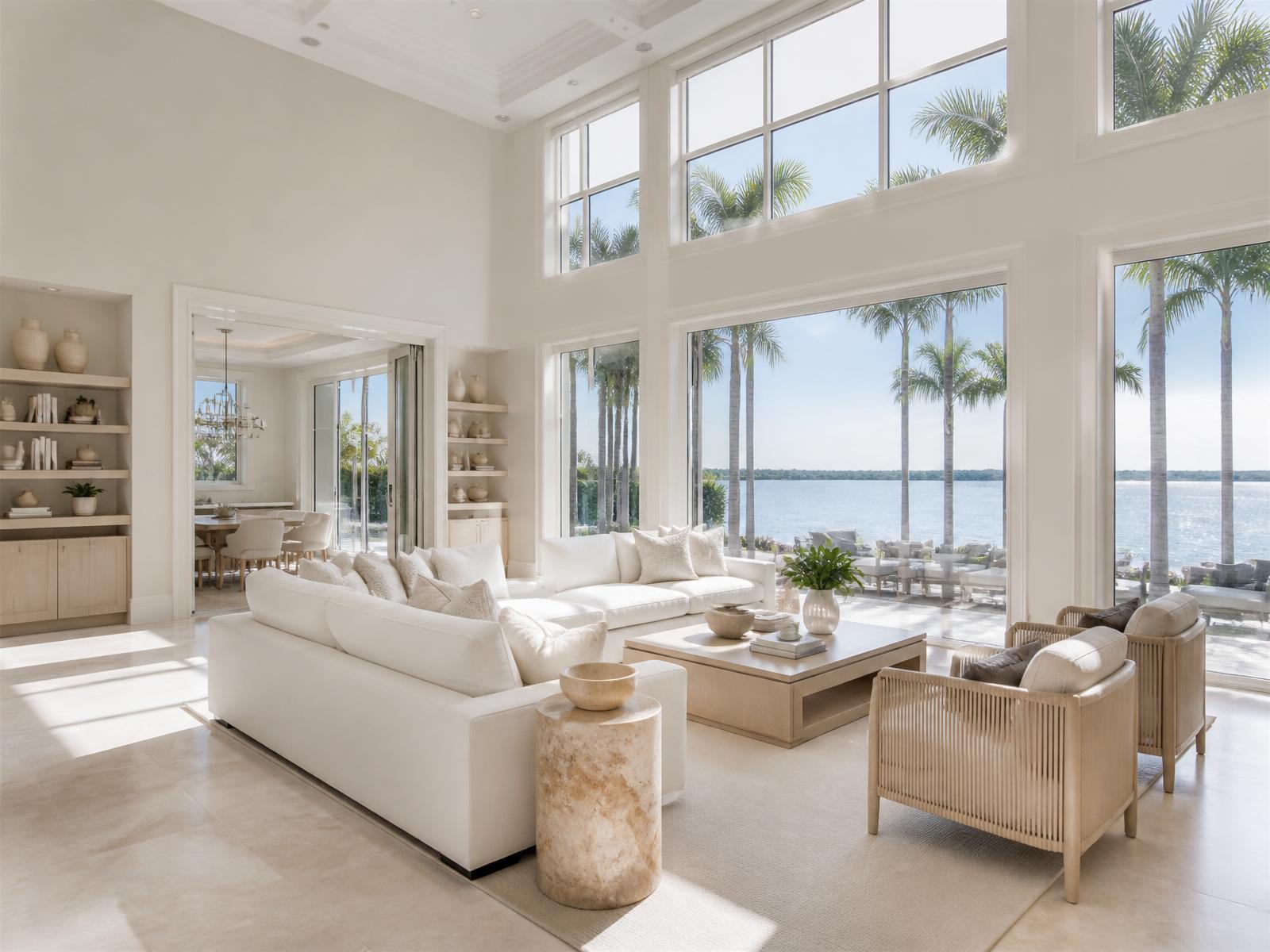 Sunlit contemporary Florida living room with white sofas, high ceilings and a palm-lined water view