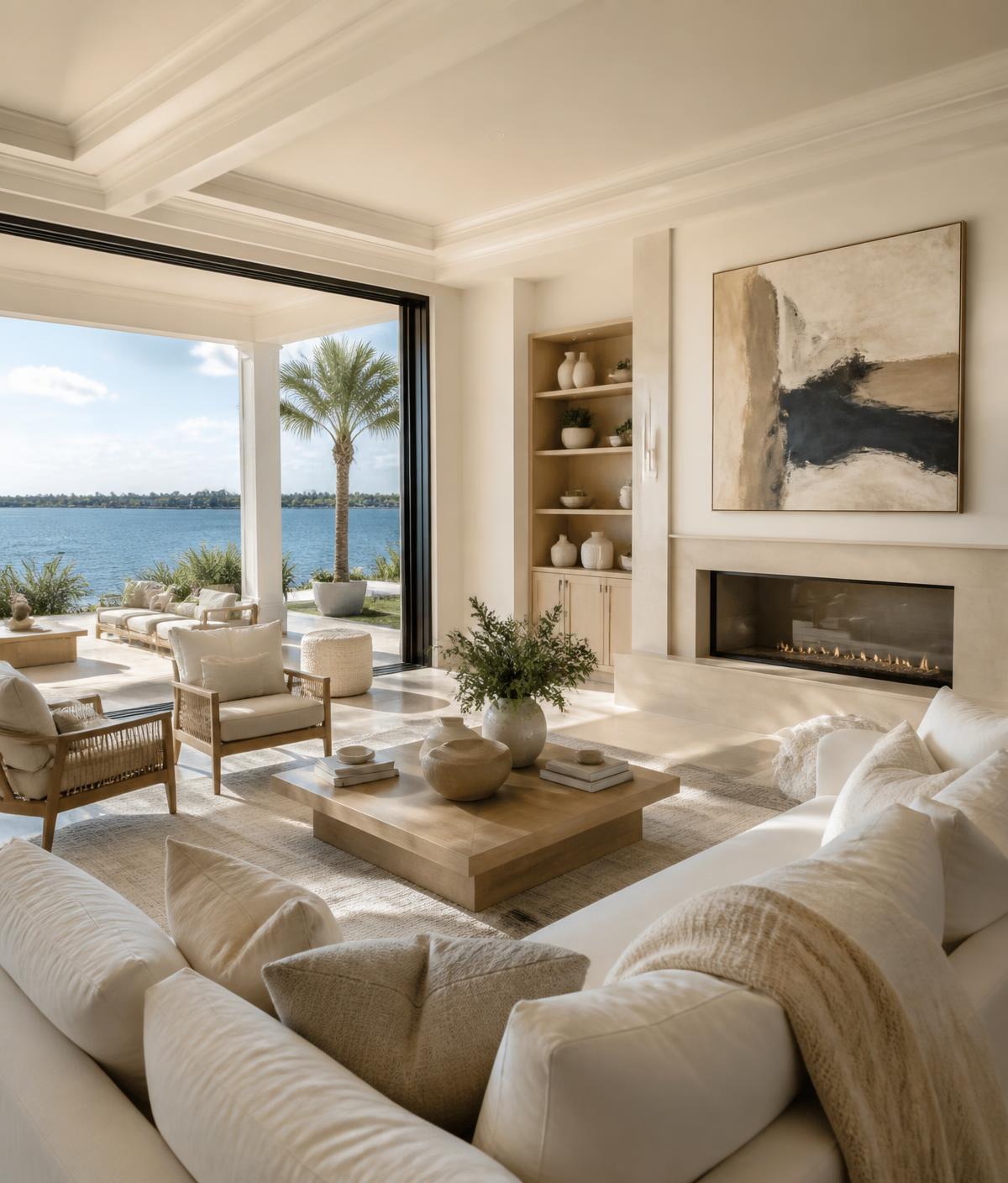 Airy waterfront living room with white sofas, neutral textiles and open doors to the water