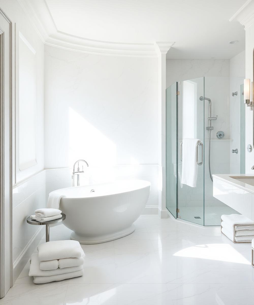 Spa-like white bathroom with a freestanding tub, glass shower and fluffy white towels