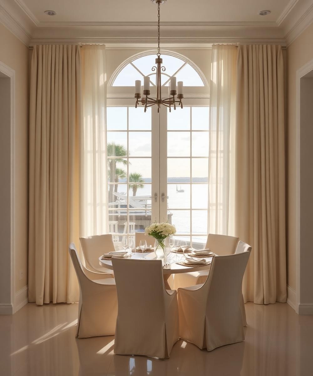 Elegant sunlit coastal dining room with linen chairs and a water view