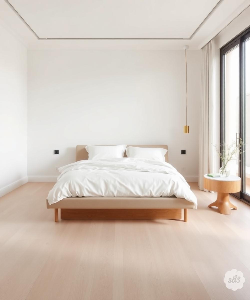Calm minimal bedroom with crisp white linens and soft natural light