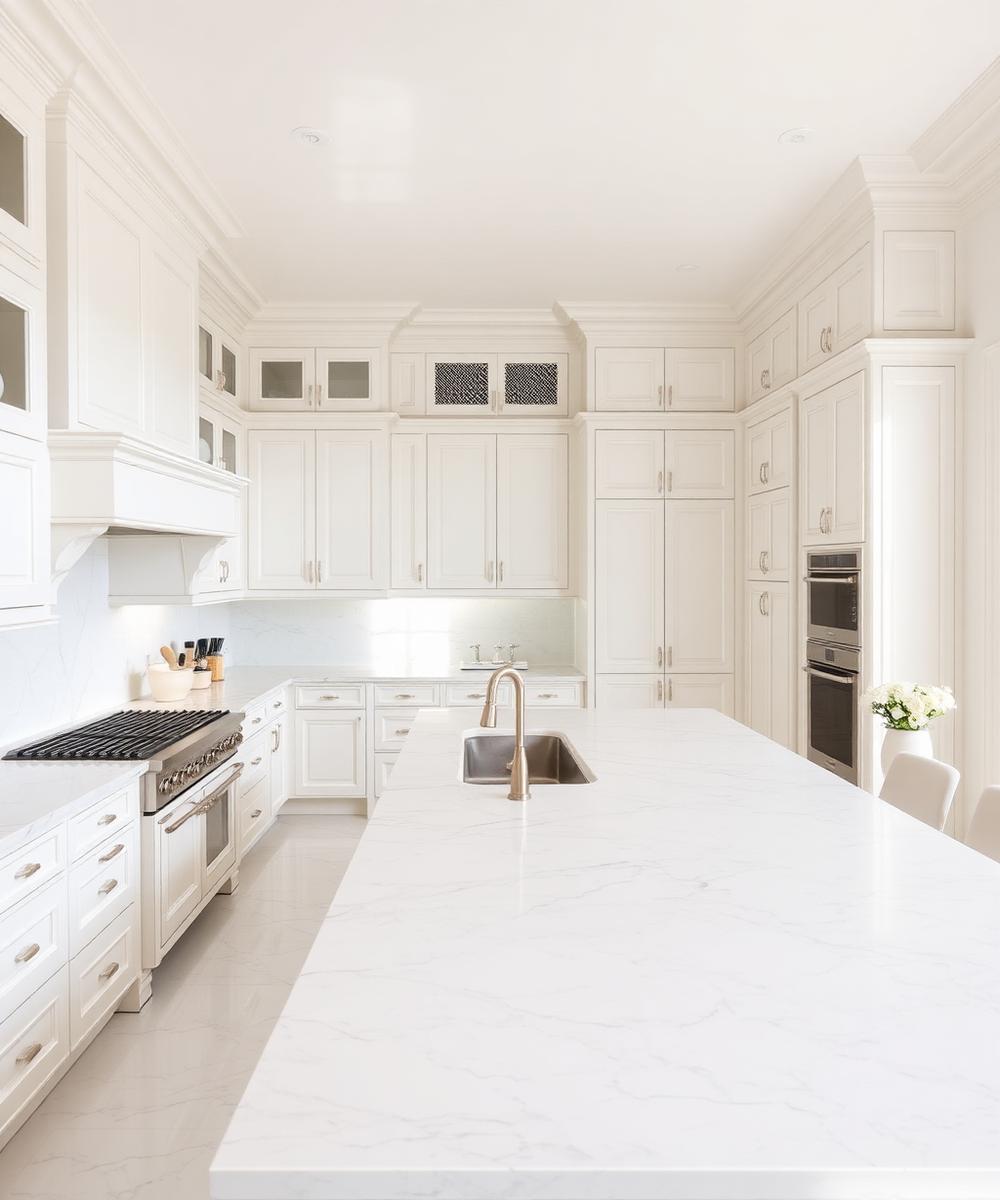 Immaculate white kitchen with marble countertops and a large island